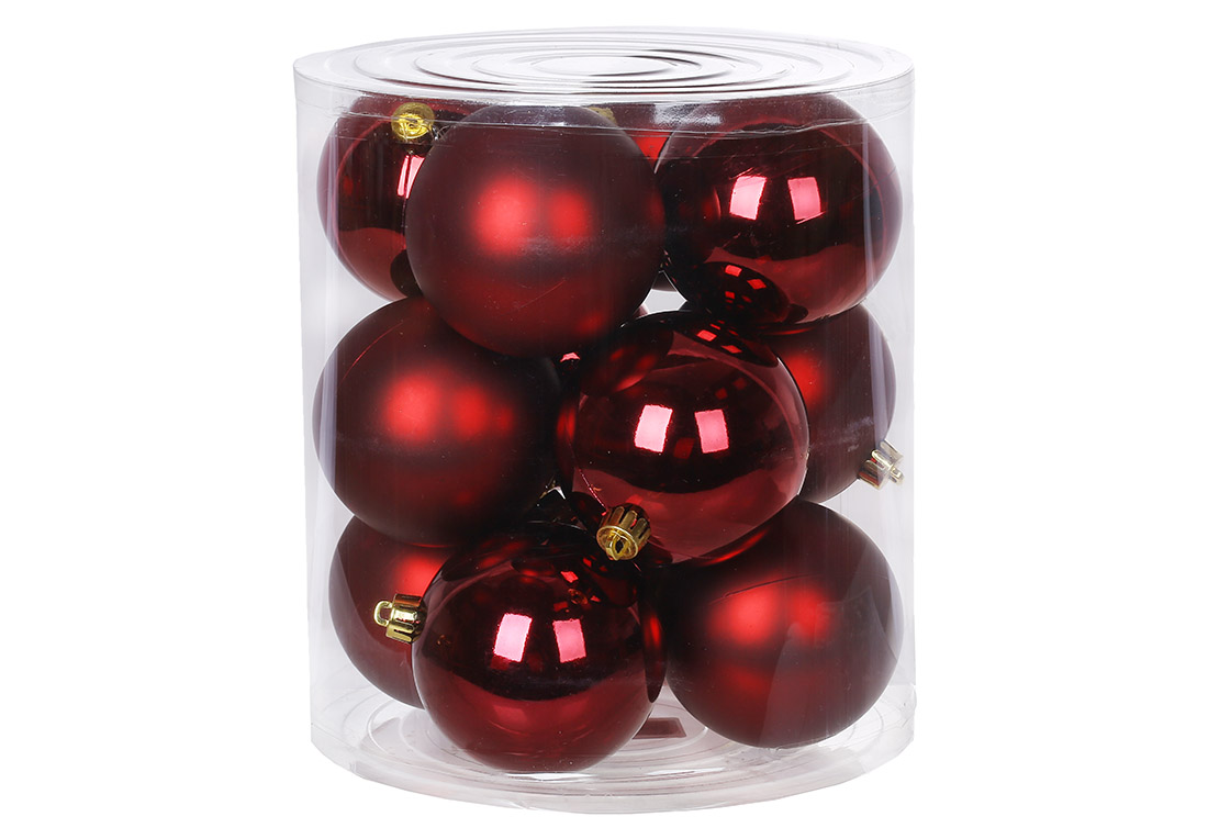 Набір ялинкових куль 8см, колір - марсала, 12шт: 6шт - глянець, 6шт - матовий - Фото