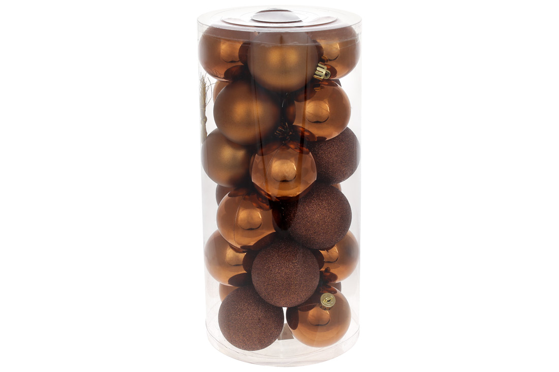 Набір ялинкових куль 6см, 24шт, колір - кориця, 12шт - глянець, по 6шт - глітер, матовий - Фото