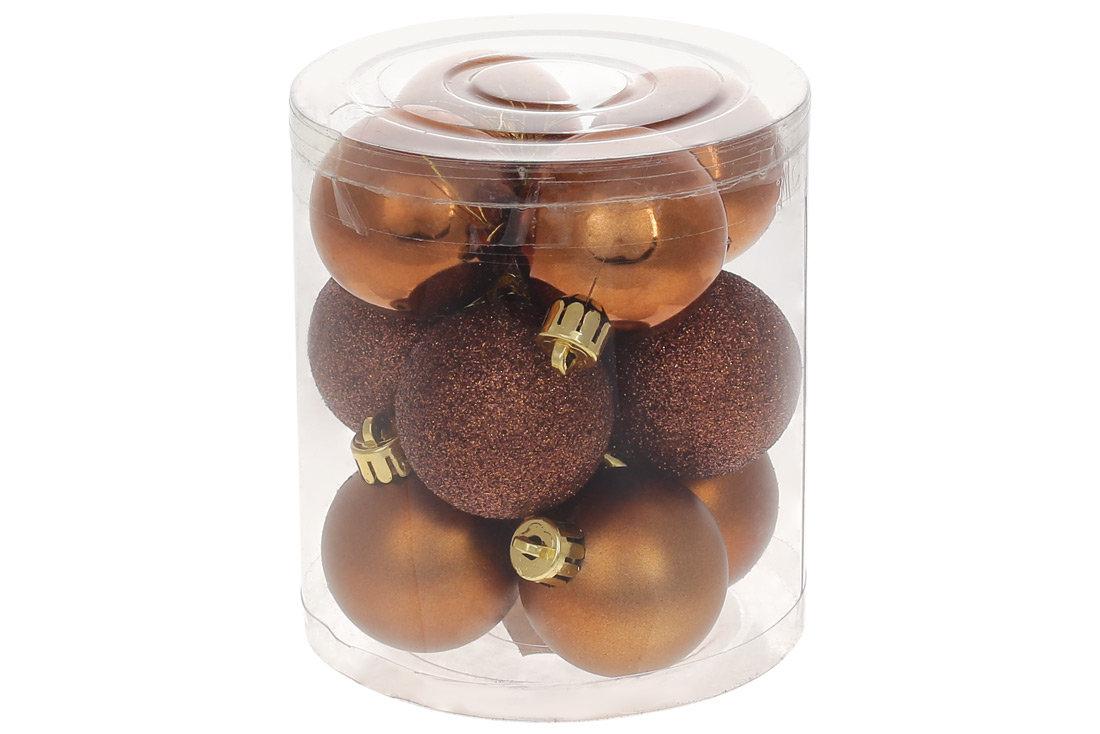 Набір ялинкових куль 4см, колір - кориця, 12шт: глянець, матовий, гліттер - по 4шт - Фото