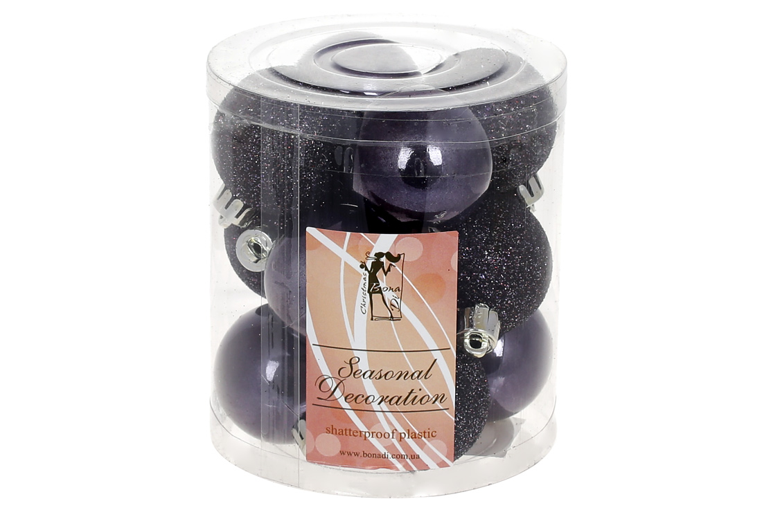 Набір ялинкових куль 4см, колір - ожина, 12шт: гліттер, перламутр - по 6шт - Фото