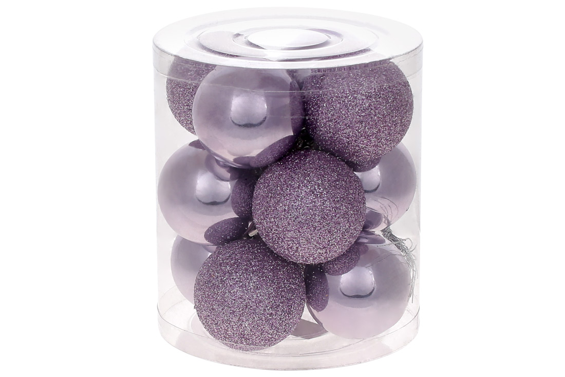 Набір ялинкових куль 4см, колір - ніжно-ліловий, 12шт: гліттер, перламутр - по 6шт - Фото
