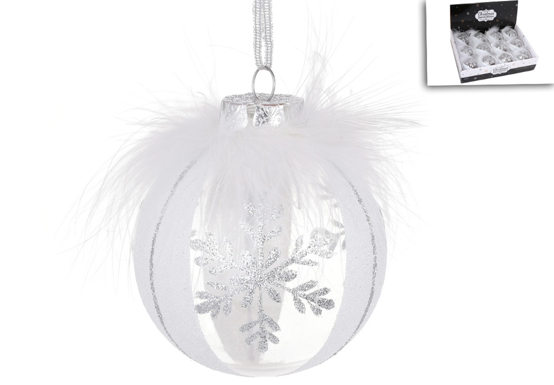 Ялинкова куля з декором із пір'я Сніжинка 8см, колір - білий - Фото