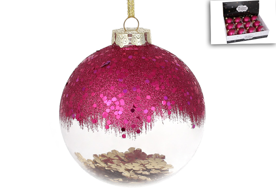 Ялинкова куля 10см із гліттером та золотим декором усередині, колір - магнолія - Фото