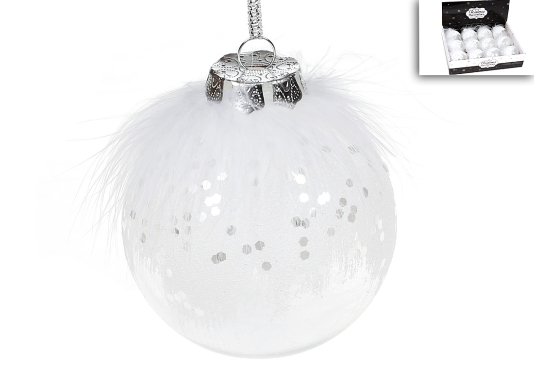 Ялинкова куля 8см з декором із пуху, колір - білий - Фото