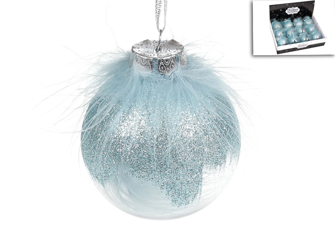 Ялинкова куля 8см з декором із пуху, колір - блакитний - Фото