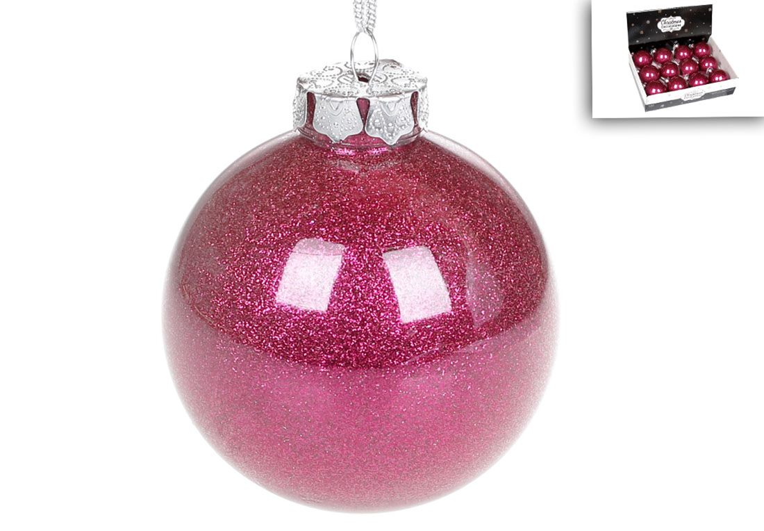 Ялинкова куля 8см, колір - фуксія з гліттером усередині - Фото