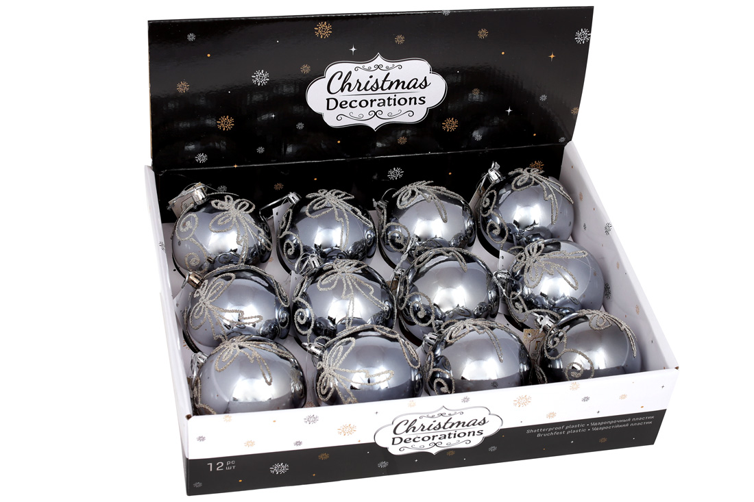 Ялинкова куля 8см, колір - сталевий глянець з візерунком Метелик - Фото