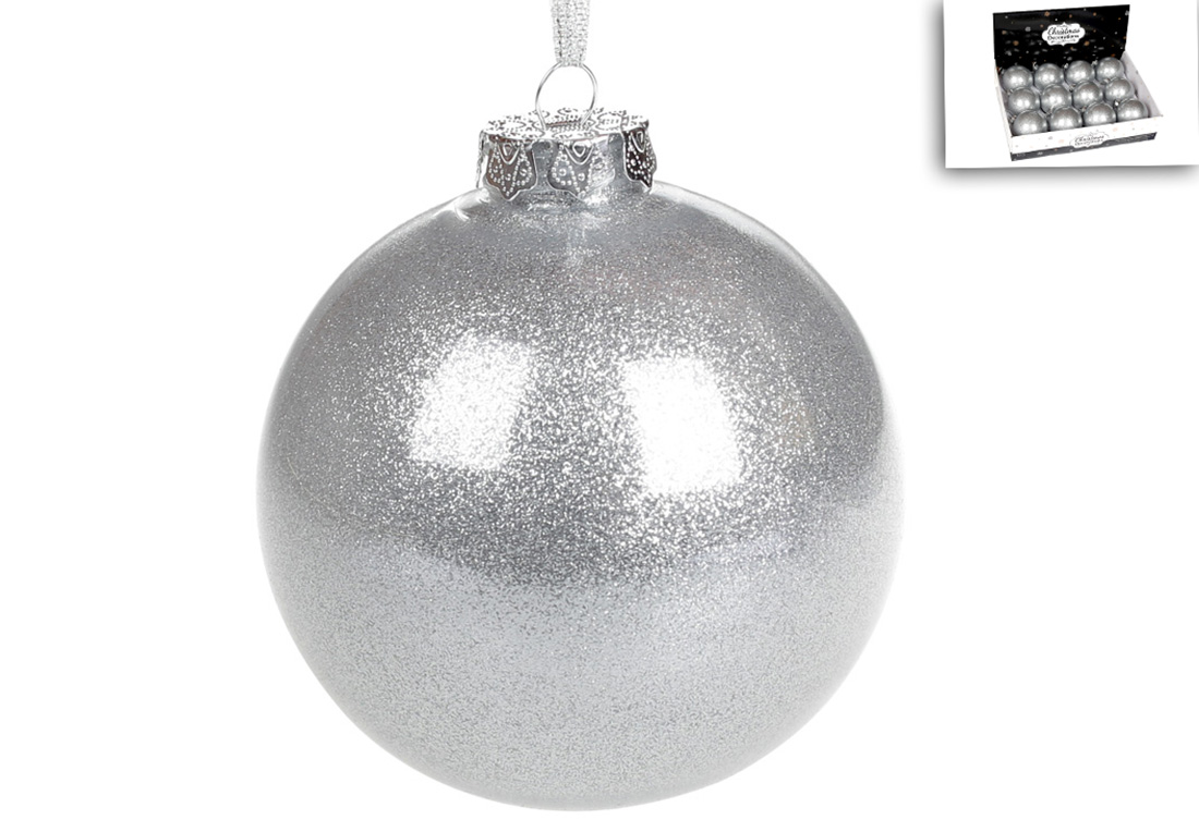 Ялинкова куля 10см, колір - срібло з гліттером усередині - Фото
