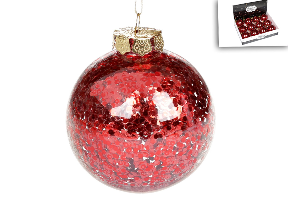 Ялинкова куля 8см, колір - червоний з паєтками всередині - Фото