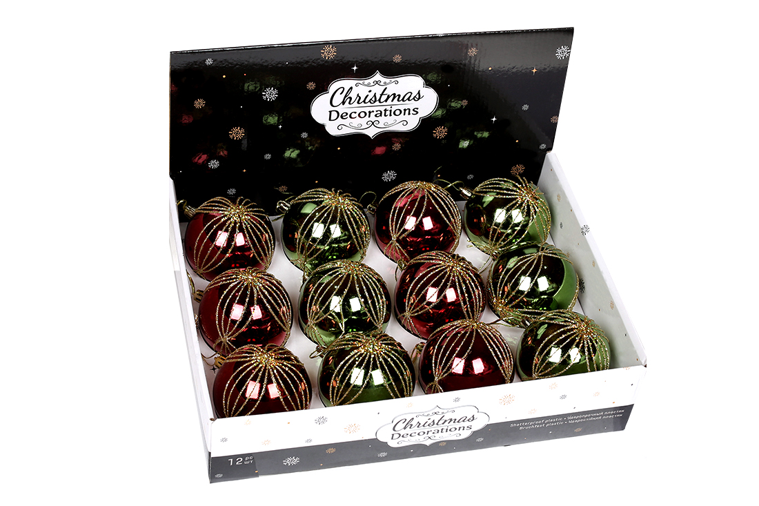 Ялинкова куля 8см, мікс 2 кольори в дисплей коробці: темно-зелений глянець та бордовий глянець із візерунком із золотого гліттера Квітка - Фото