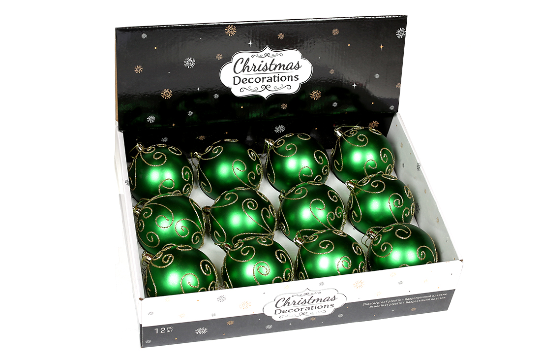 Ялинкова куля 8см, колір - лісовий зелений матовий із золотим візерунком - Фото