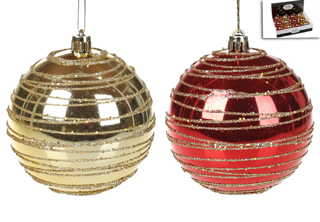 Ялинкова куля 8см, мікс 2 кольори в дисплей коробці: золото, червоний - Фото