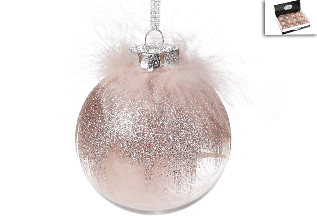 Ялинкова куля 8см з декором з пуху, колір - рожевий пудровий - Фото