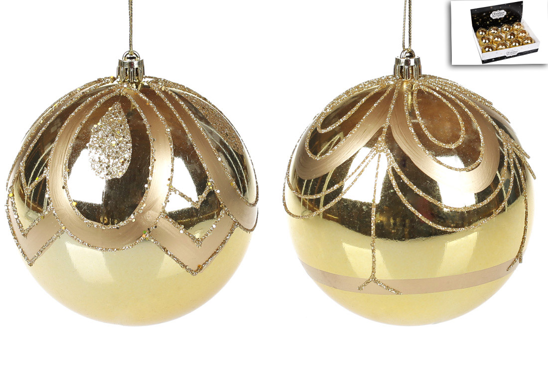 Ялинкова куля 10см, колір - золото глянець з візерунком, 2 дизайни - Фото