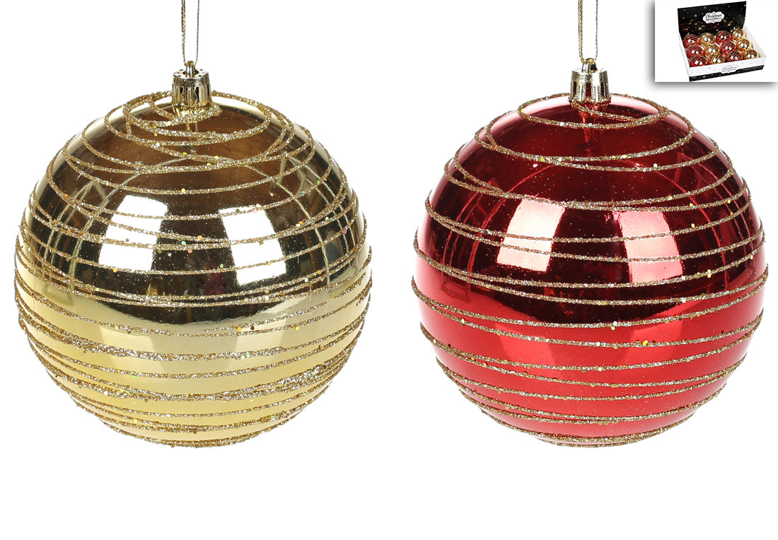 Ялинкова куля 10см, мікс 2 кольори в дисплей коробці: золото, червоний - Фото