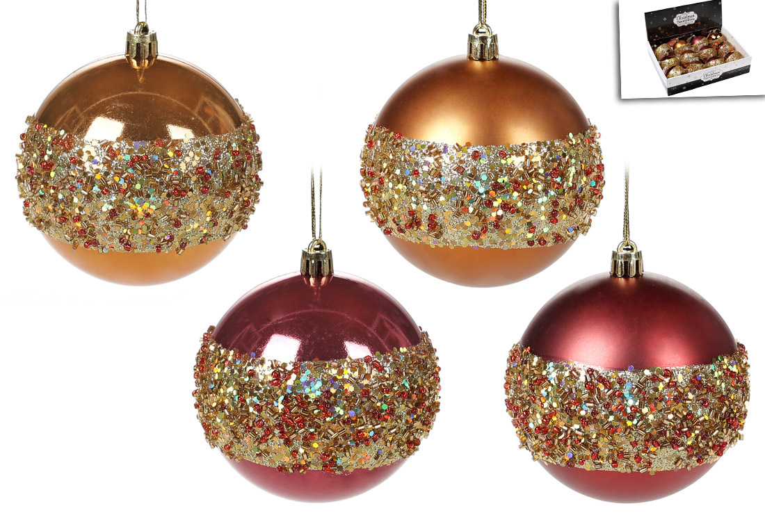 Ялинкова куля 8см, колір бордо, охра із золотою присипкою, мікс 4 дизайни в дисплей коробці - Фото