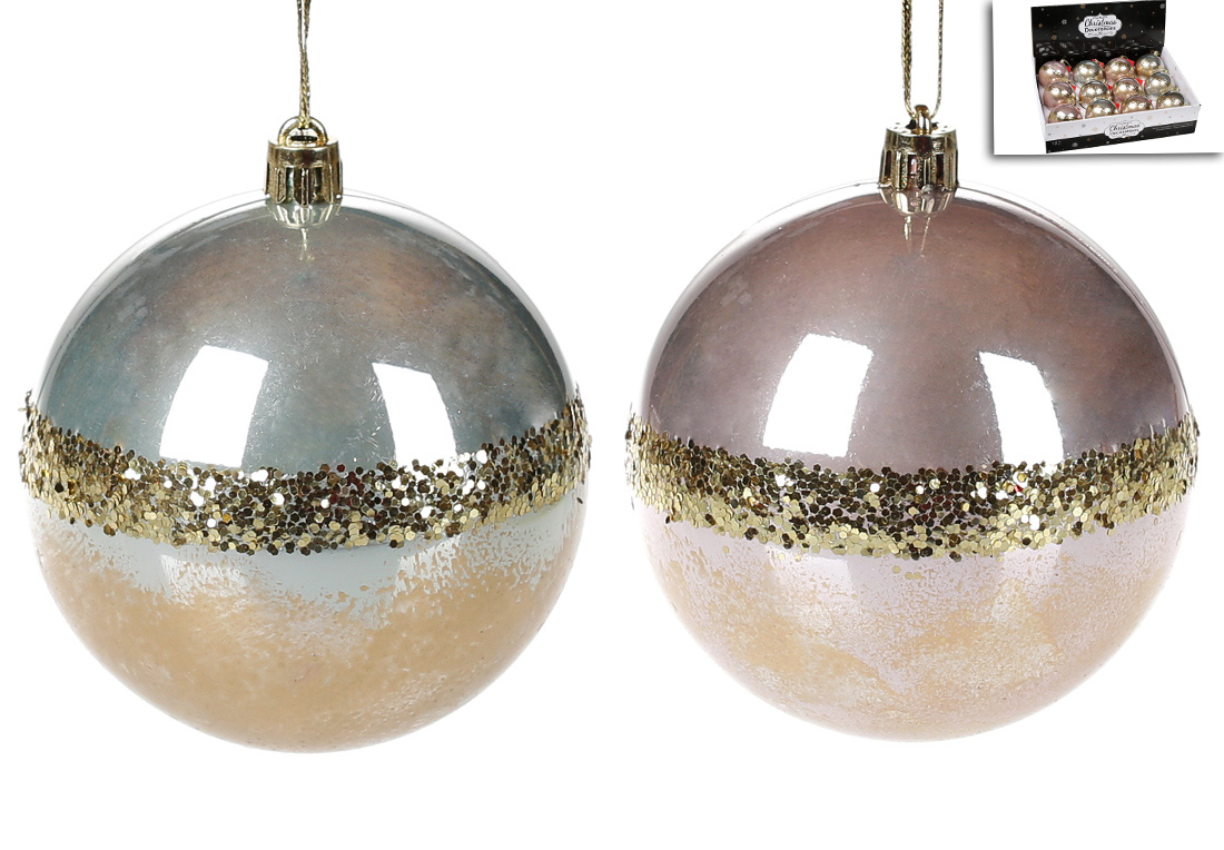 Ялинкова куля 8см, мікс 2-х кольорів із золотою смугою в дисплей коробці: перламутр рожевий та сірий - Фото