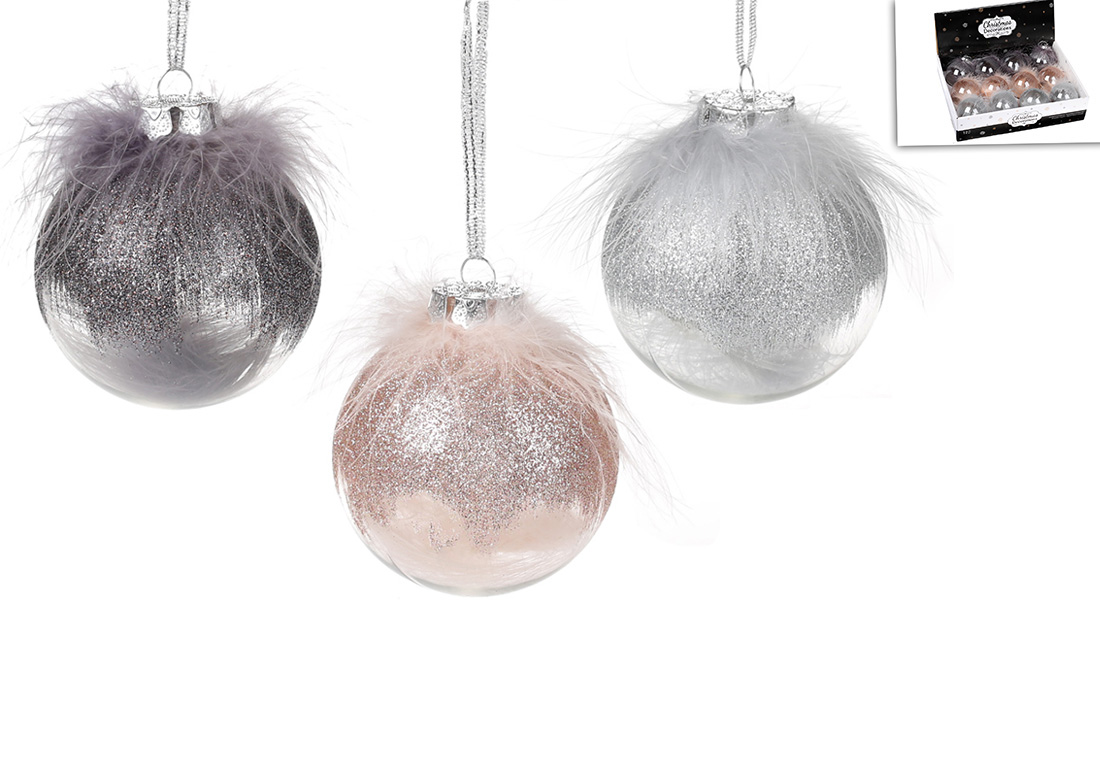 Ялинкова куля 8см з декором з пуху, мікс 3-х кольорів в дисплей коробці: рожевий пудровий, світло-сірий, графітовий сірий - Фото