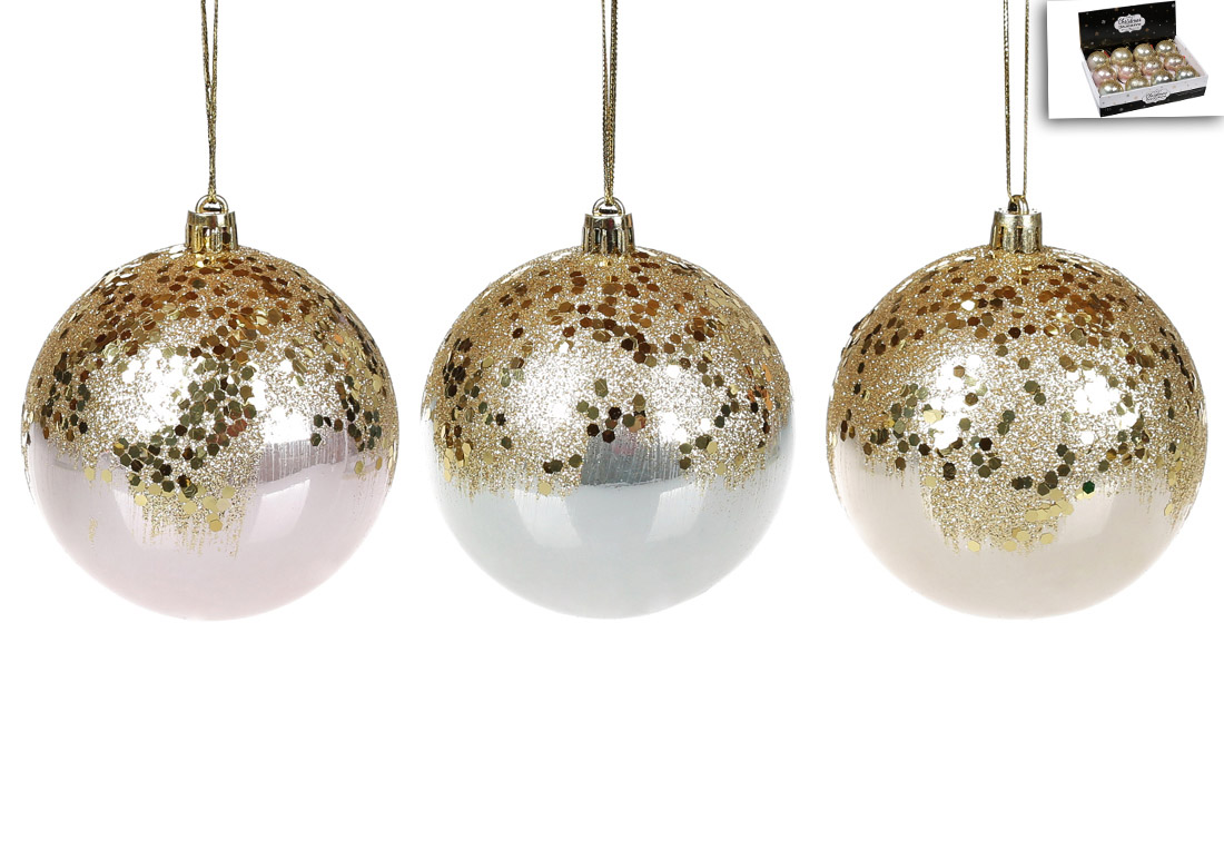 Ялинкова куля 8см, мікс 3-х кольорів перламутру із золотою присипкою в дисплей коробці: сірий, рожевий, шампань - Фото