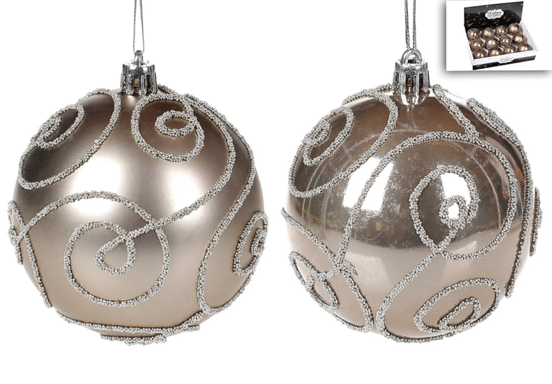 Ялинкова куля 8см, колір - холодний беж з візерунком, 2 дизайни - матовий та перламутр - Фото