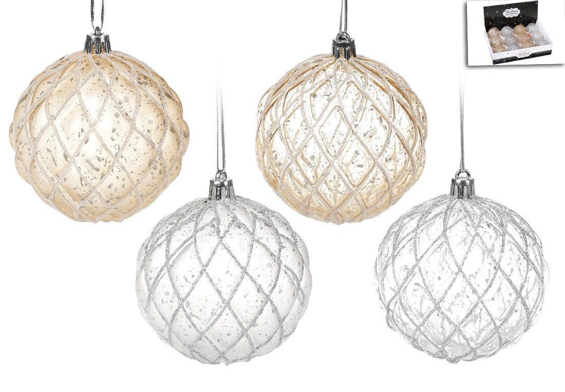 Ялинкова куля 8см, колір - шампань антик, срібло антик, 4 дизайни мікс - Фото