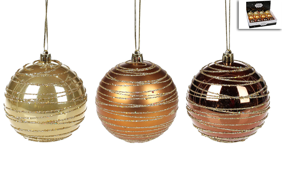 Ялинкова куля 8см, мікс 3-х кольорів в дисплей коробці: коричневий глянець, матова охра, золото - перламутр - Фото