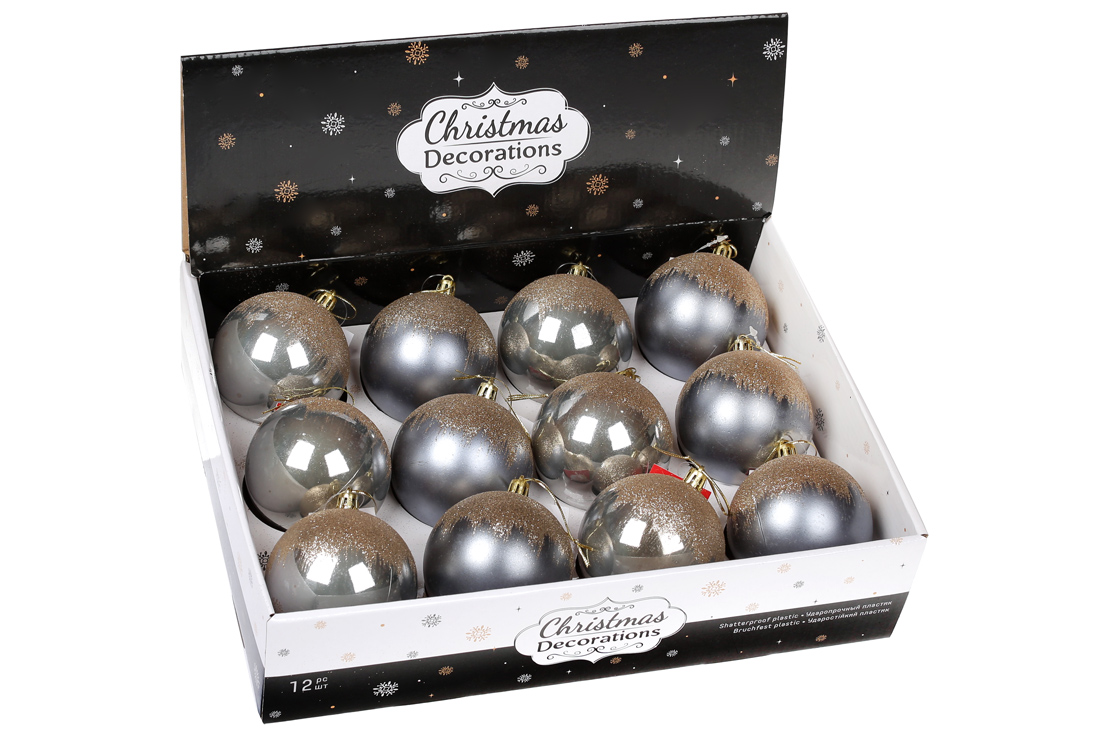 Ялинкова куля 8см, колір - сірий з гліттером, 2 дизайни - матовий та перламутр - Фото