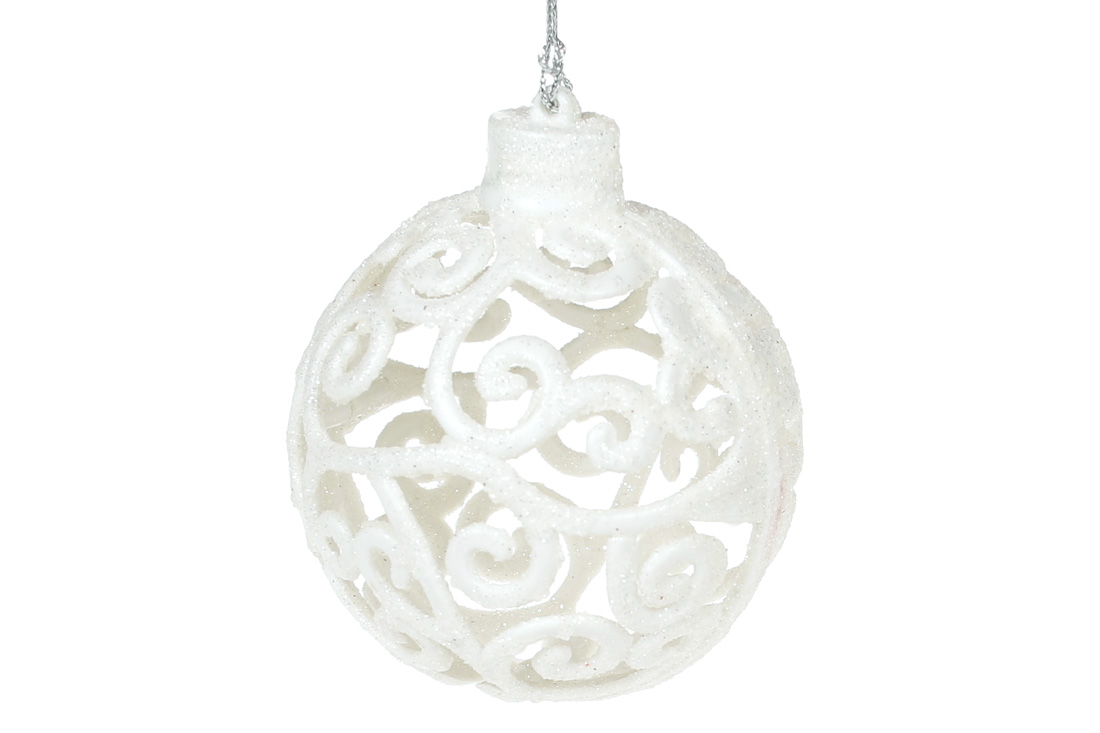 Ялинкова прикраса Ажурна куля 8см, колір - білий - Фото
