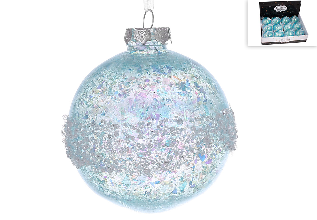 Ялинкова куля з декором з паєток та бісеру 10см, колір - морозно-блакитний - Фото