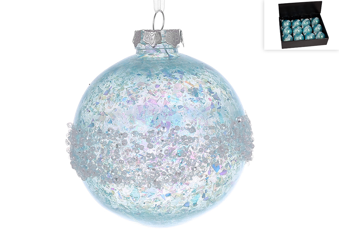 Ялинкова куля з декором з паєток та бісеру 8см, колір - морозно-блакитний - Фото
