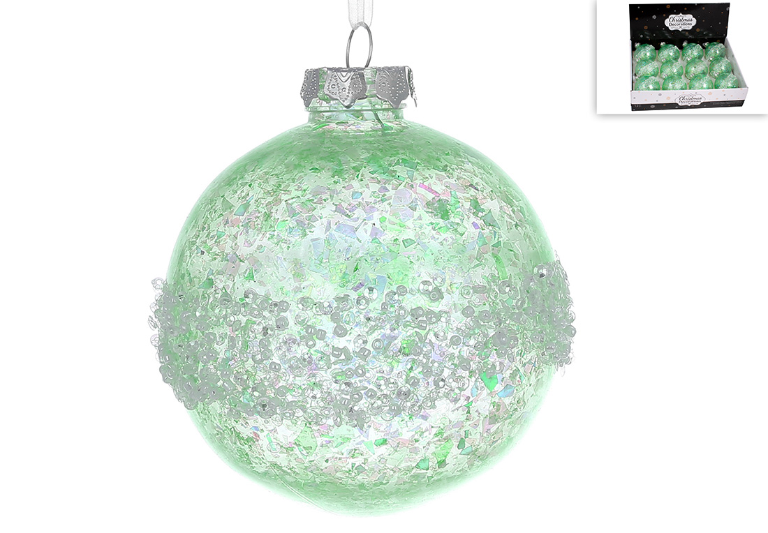Ялинкова куля з декором з паєток та бісеру 10см, колір - зелений - Фото