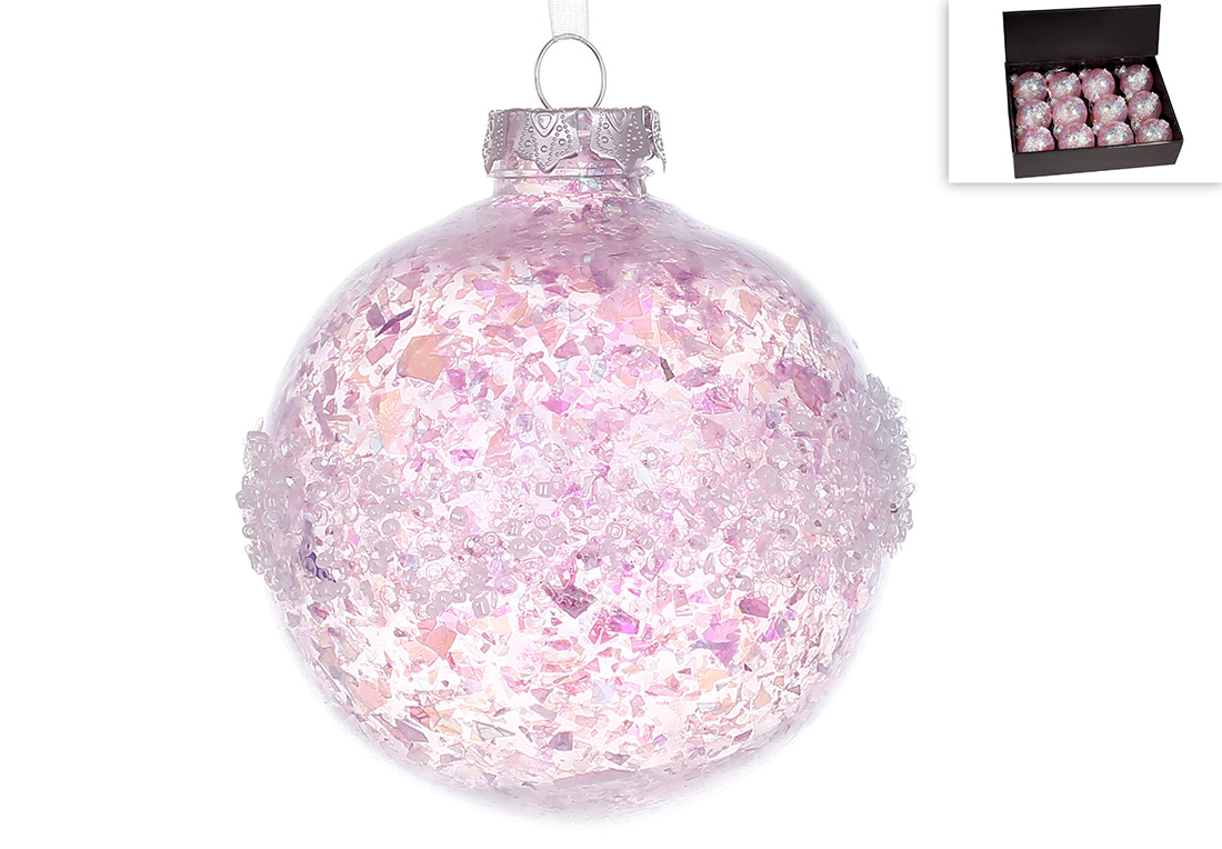 Ялинкова куля з декором з паєток та бісеру 8см, колір - ніжно-рожевий - Фото
