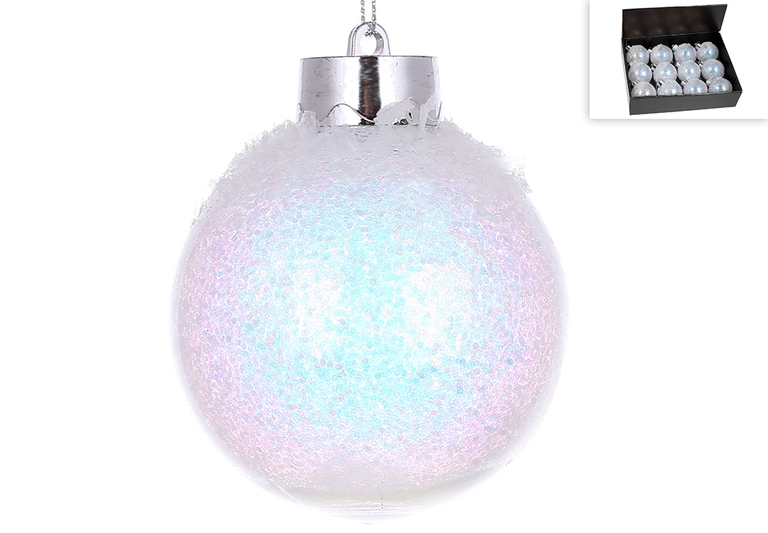 Ялинкова куля 8см з великим гліттером усередині, колір - діамантовий білий - Фото