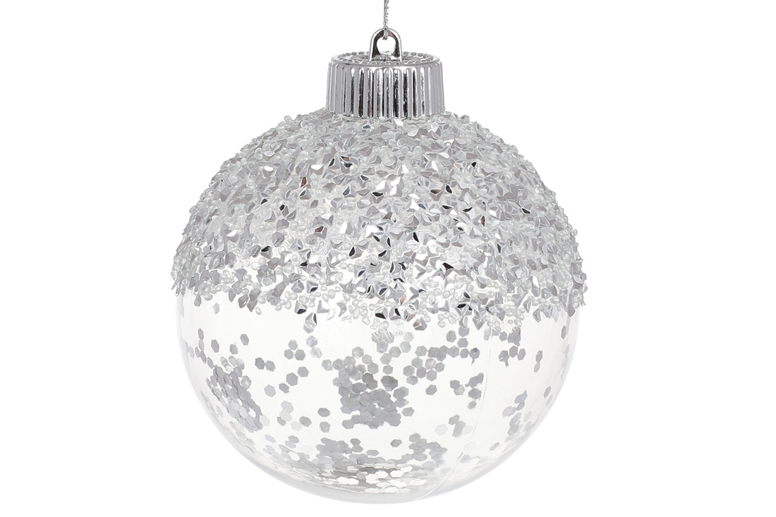 Ялинкова куля з блискітками всередині 10 см, колір - срібло - Фото