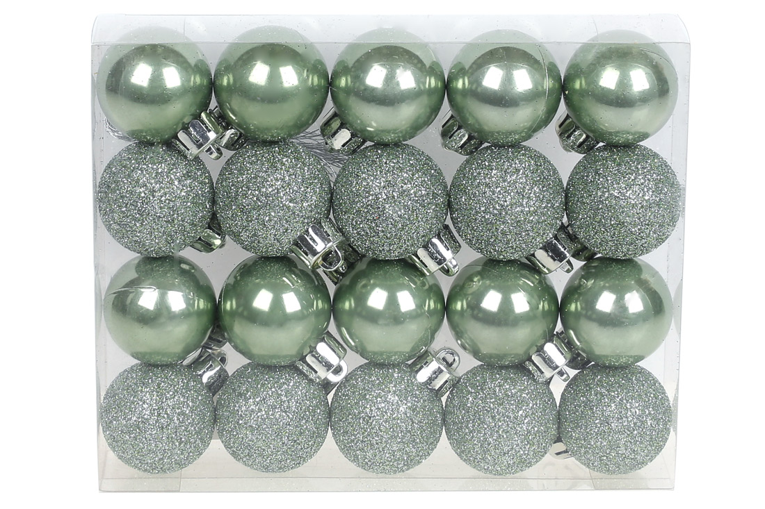 Набір ялинкових куль 3см, колір - зелена шавлія, 20шт: перламутр, гліттер - по 10шт - Фото