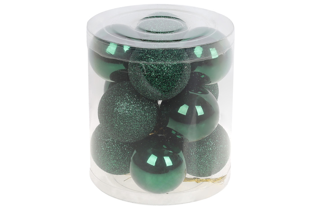 Набір ялинкових куль 4см, колір - темно-зелений, 12шт: глянець, гліттер - по 6шт - Фото