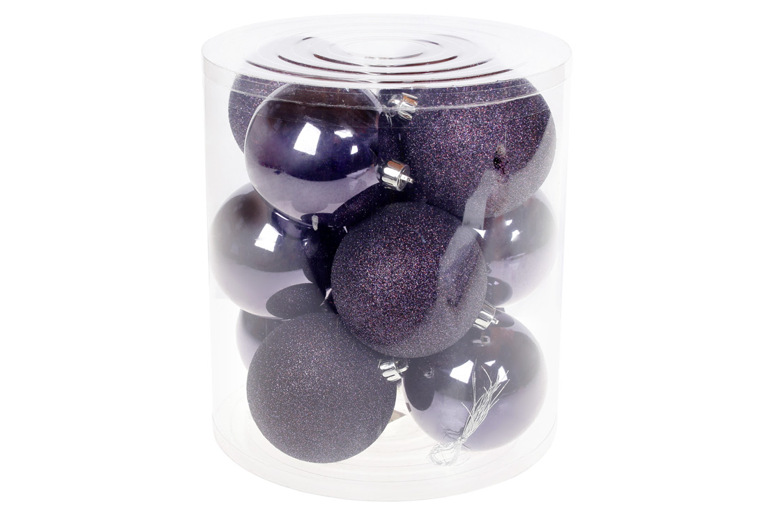 Набір ялинкових куль 8см, колір - ожина, 12шт: гліттер, глянець - по 6шт - Фото