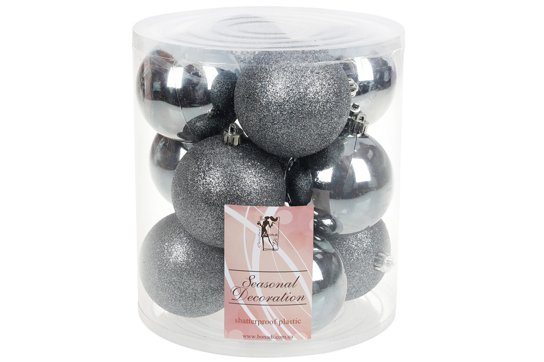 Набір ялинкових куль 8см, колір - сталевий синій, 12шт: гліттер, глянець - по 6шт - Фото