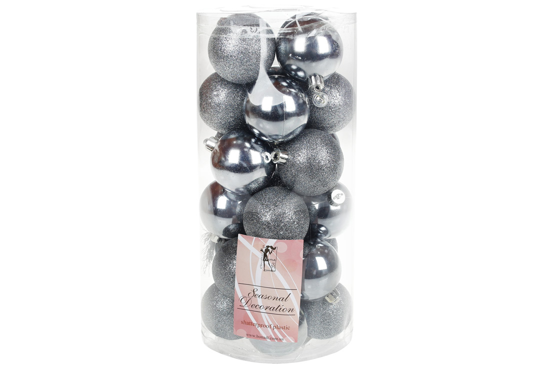 Набір ялинкових куль 6см, колір - сталевий синій, 24шт: гліттер, глянець - по 12шт - Фото