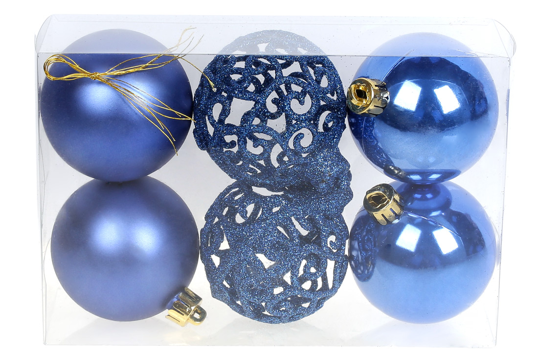 Набір ялинкових куль Ажур, 6 см, колір - королівський синій, 6шт: 2шт - матовий, 2шт - глянець, 2шт - ажур гліттер - Фото