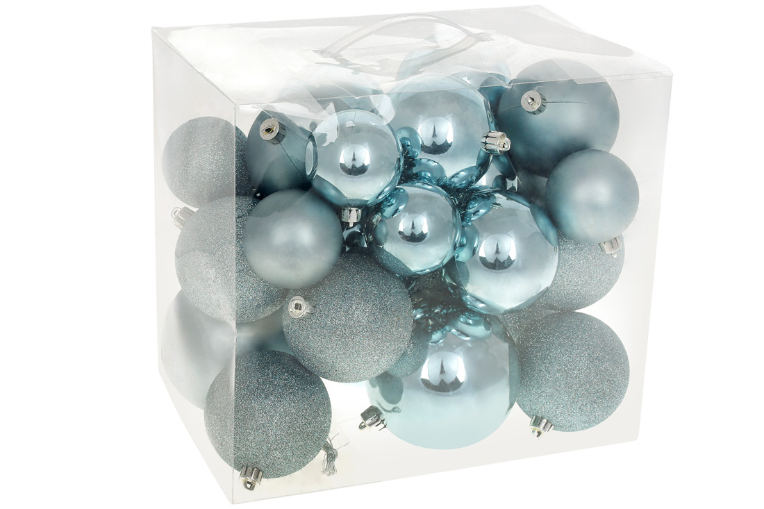 Набір ялинкових куль "Блакитний Світанок" 26 шт, 10см, 8см, 6см: глянець матовий, гліттер - Фото