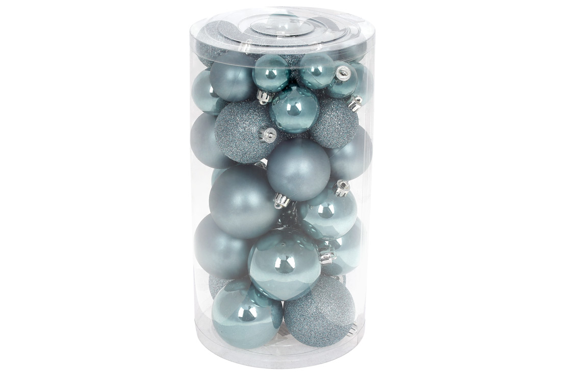Набір ялинкових куль, колір - блакитний світанок, 40шт - 6см, 5см, 4см, 3см: 4шт - перламутр, 3шт - гліттер, 3шт - матовий для кожного розміру - Фото
