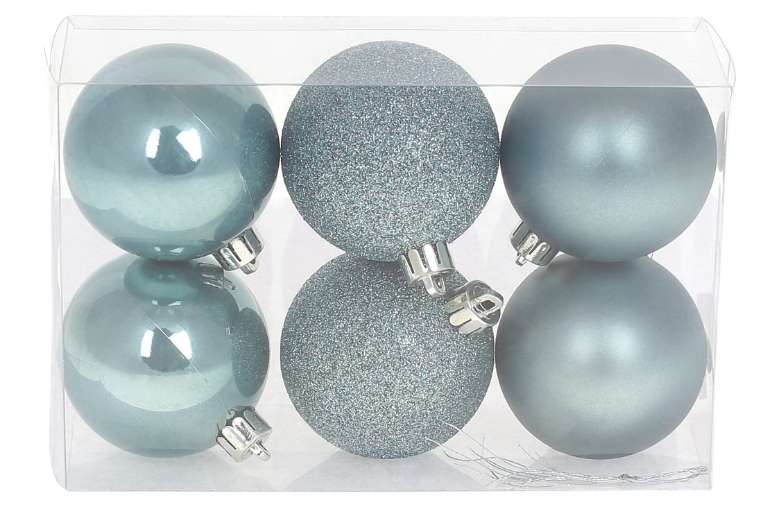 Набір ялинкових куль 6см, колір - блакитний світанок, 6шт: перламутр, гліттер, матовий - по 2шт - Фото