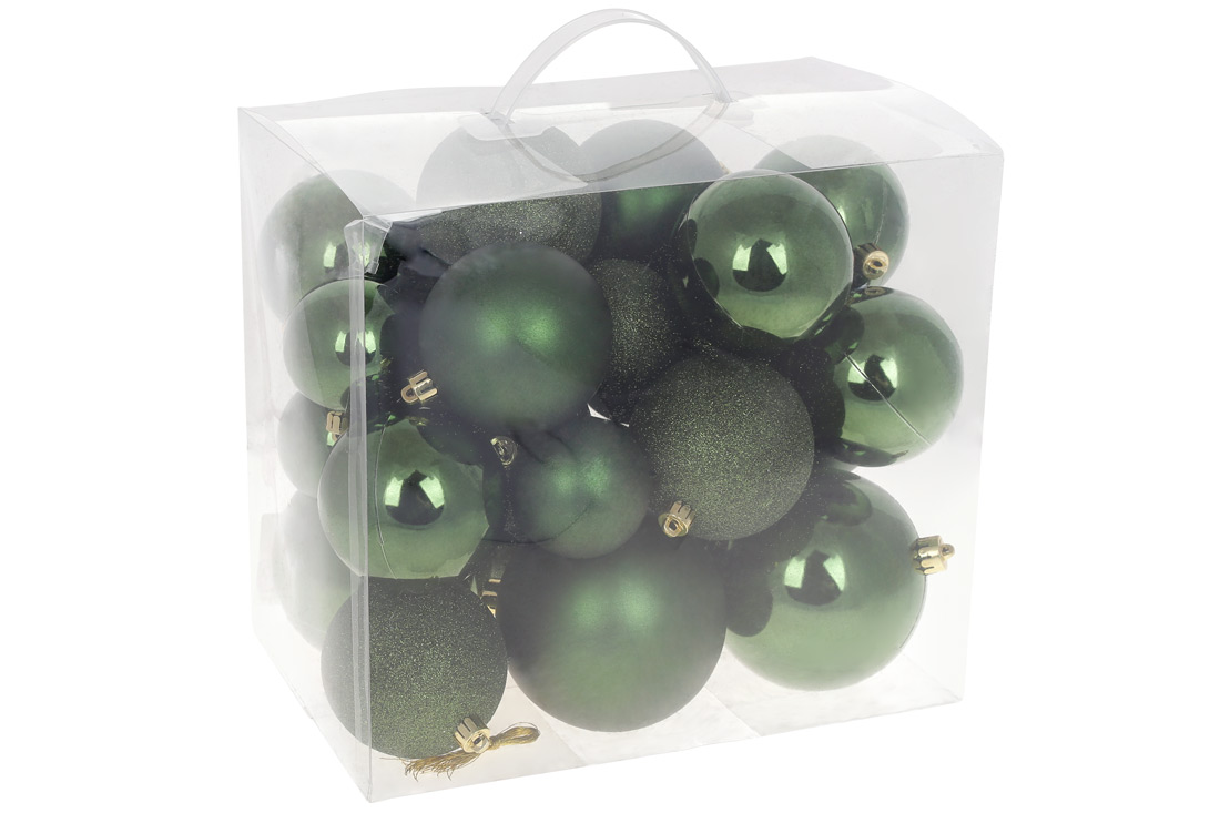 Набір ялинкових куль "Зелена хвоя" 26 шт, 10см, 8см, 6см: глянець, матовий, гліттер - Фото