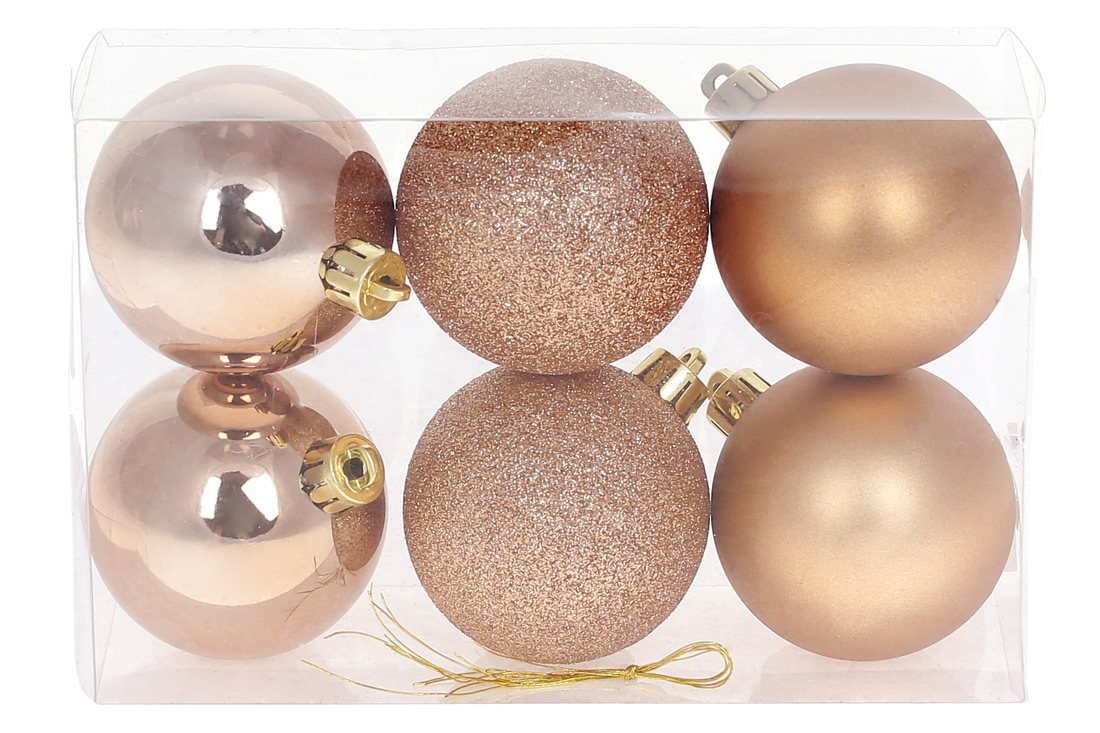 Набір ялинкових куль 6см, колір - карамель, 6шт: глянець, гліттер, матовий - по 2шт - Фото