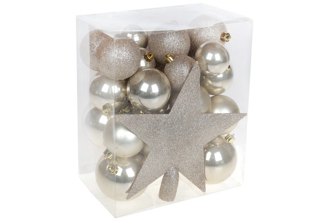 Набір ялинкових куль (29шт) з верхівкою на ялинку Зірка (20см), колір - шампань, мікс розмірів: 5см - 7шт, 6см - 18шт, 8см - 4шт - Фото