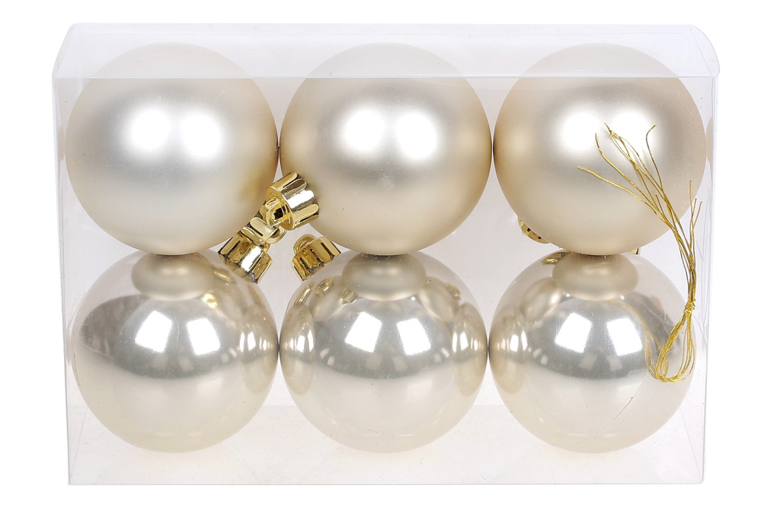 Набір ялинкових куль 6см, колір - шампань, 6шт: перламутр, матовий - Фото