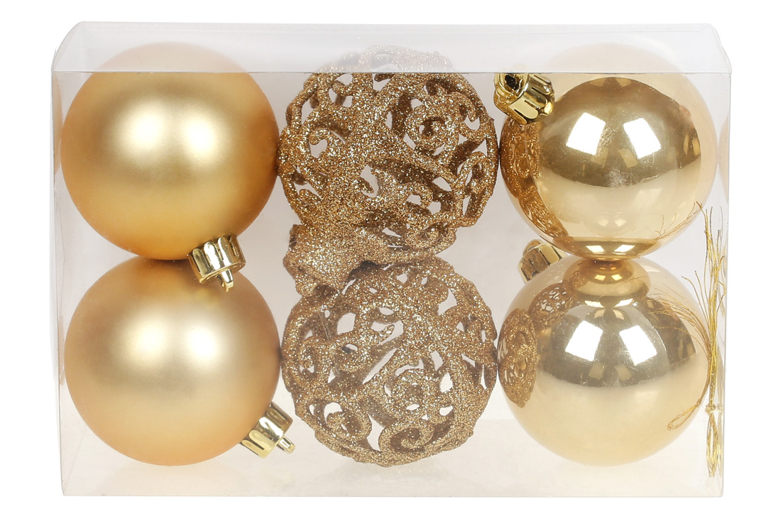 Набір ялинкових куль Ажур, 6см, колір - золото, 6шт: 2шт - матовий, 2шт - перламутр, 2шт - ажур гліттер - Фото