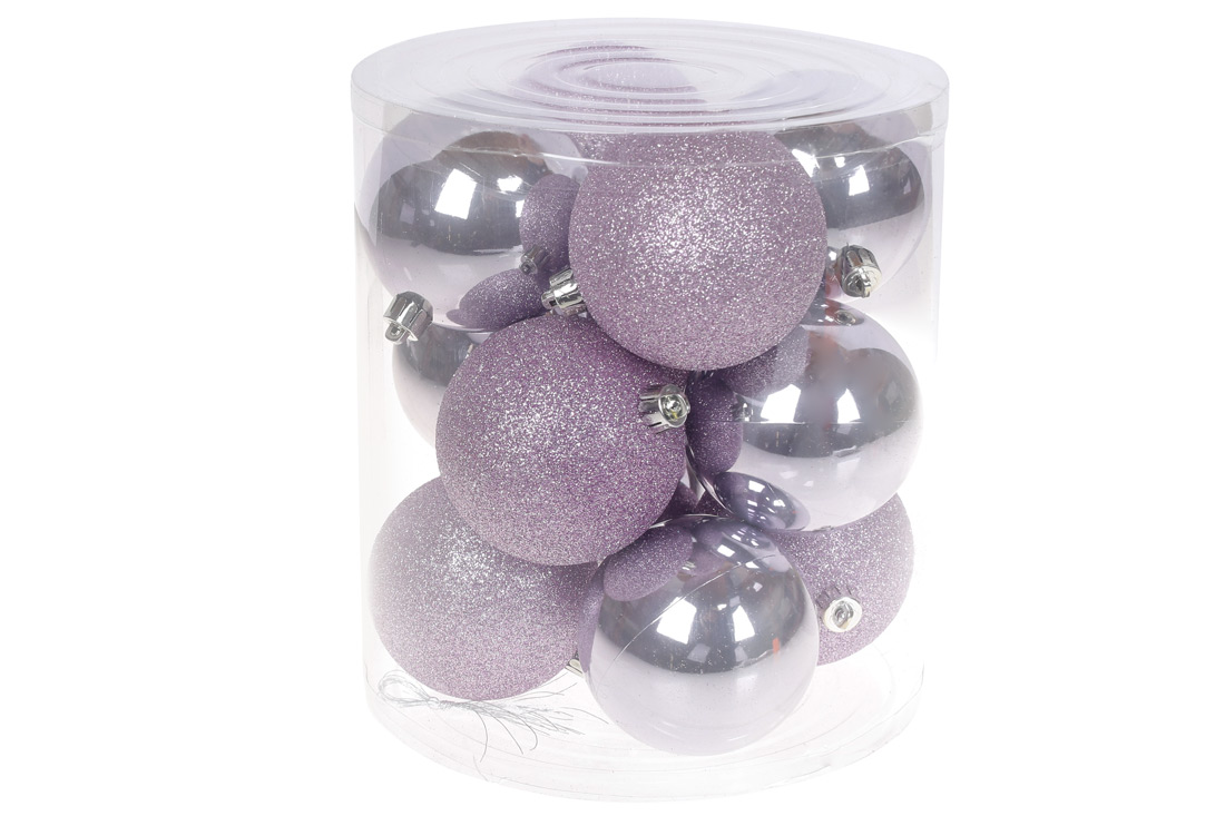 Набір ялинкових куль 8см, колір - ніжно-ліловий, 12шт: гліттер, перламутр - по 6шт - Фото