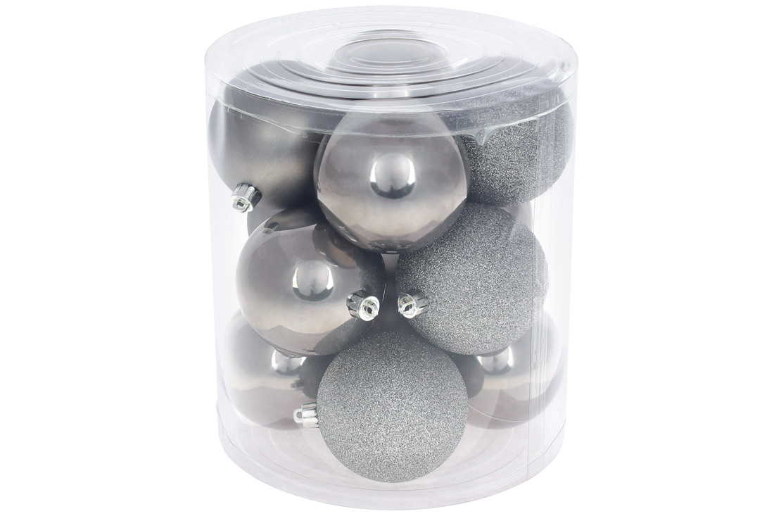 Набір ялинкових куль 8см, колір - теплий сірий, 12шт: перламутр - 6шт, матовий та глянець - по 3шт - Фото